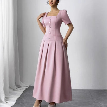 Slimming Square Neckline Dress With Puff Sleeves