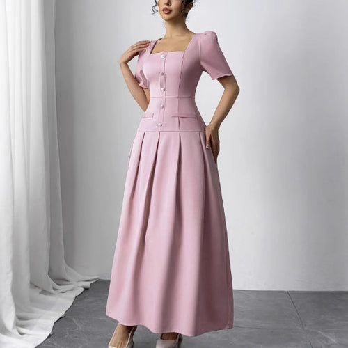 Slimming Square Neckline Dress With Puff Sleeves
