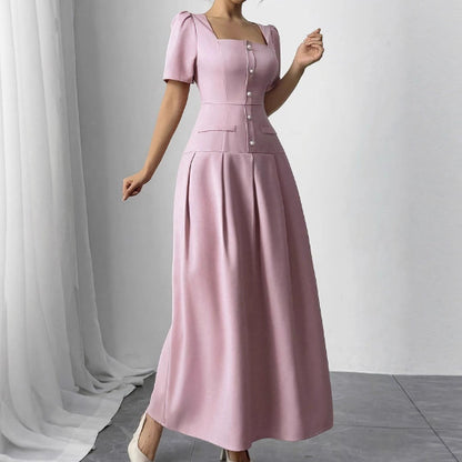 Slimming Square Neckline Dress With Puff Sleeves
